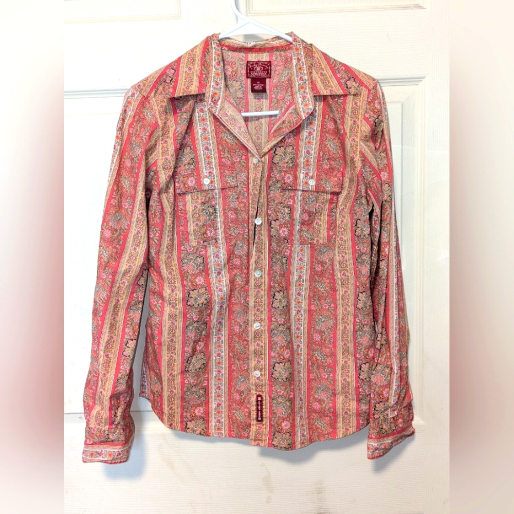 Vintage Lucky Brand Floral Paisley Striped Button-Up Shirt